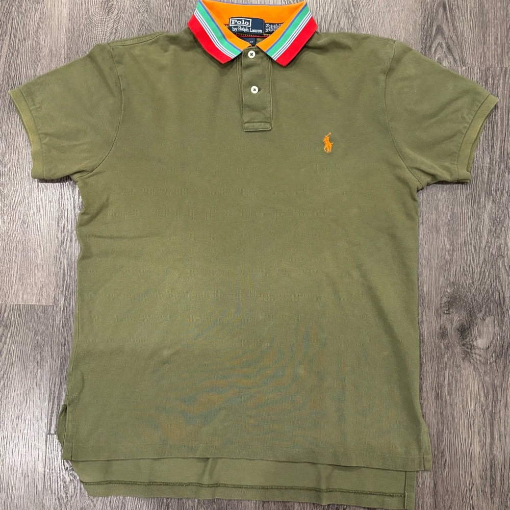 Ralph Lauren Polo Shirt, Mens Medium, Olive Green with Orange Multicolour Collar